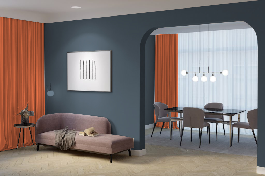 Coral Curtains with Blue Gray Walls