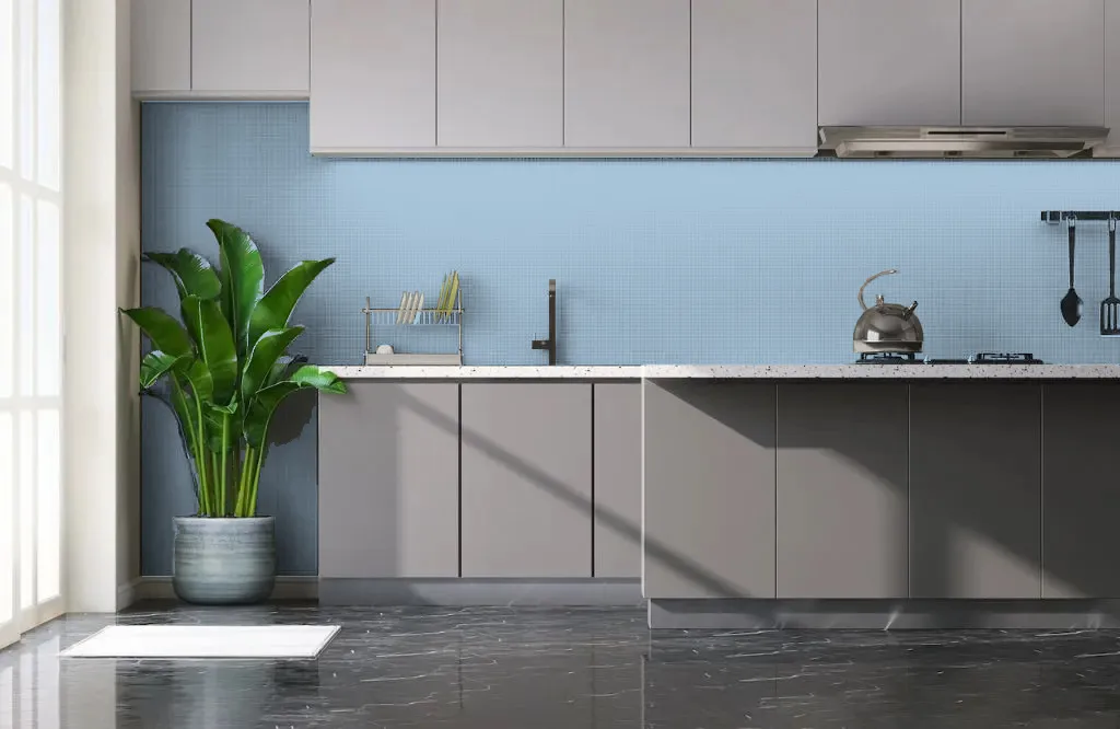 Pale Blue Wall with Grey Kitchen Cabinets