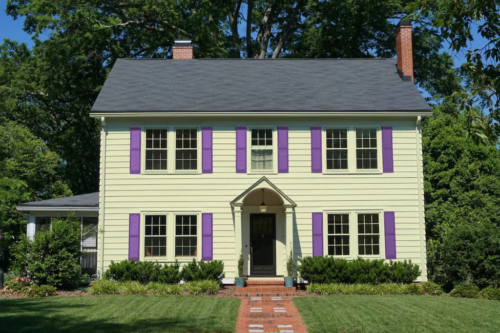 Dusty Lavender Shutters with Cream House
