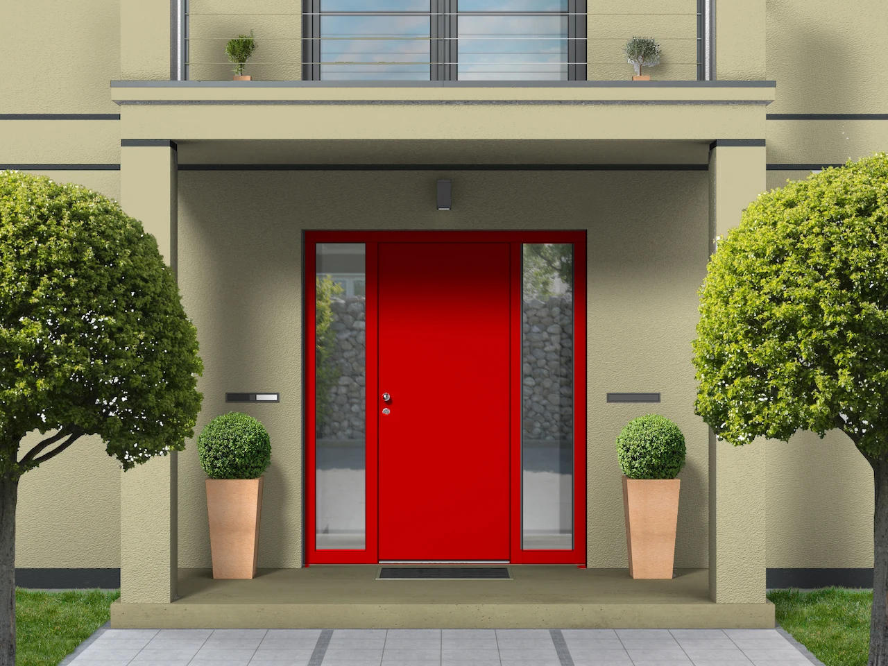 classic red front door and beige house