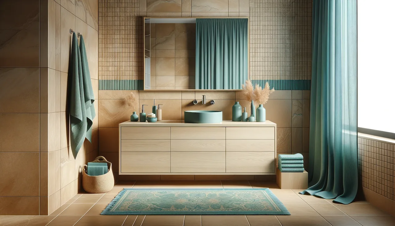 tan bathroom with teal accents