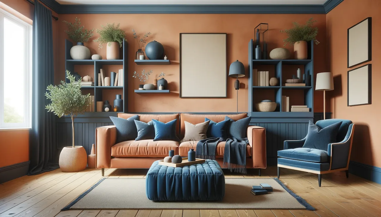 terracotta and navy blue living room