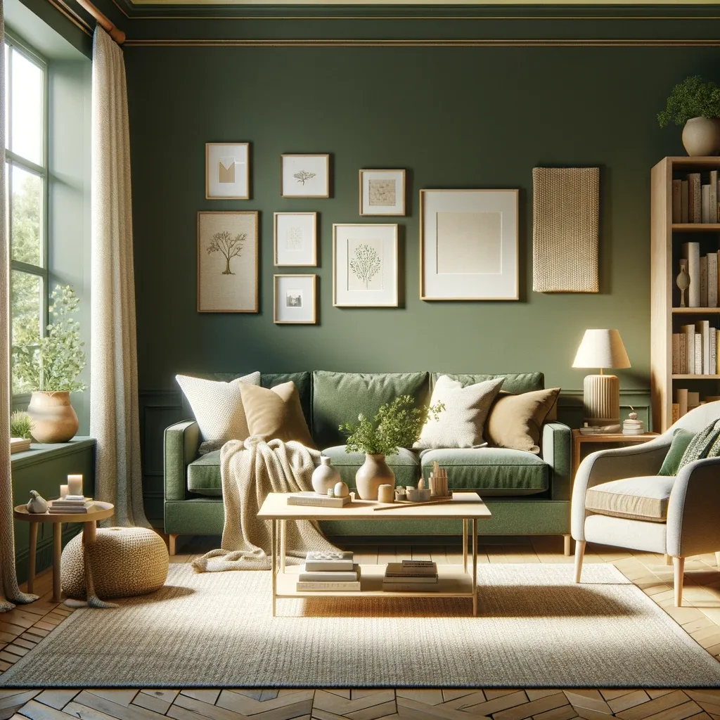 beige and forest green living room