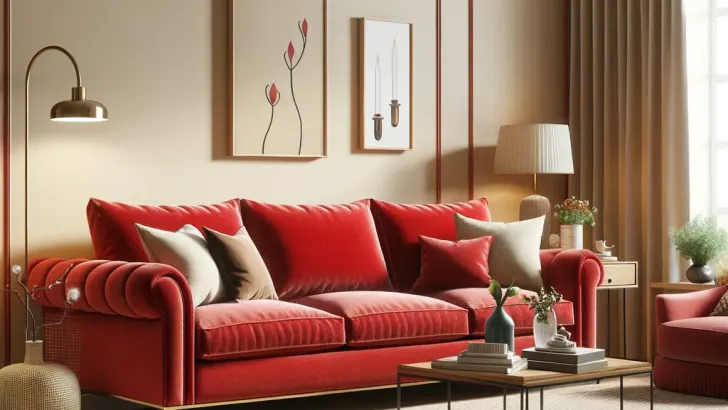 beige walls and red furniture