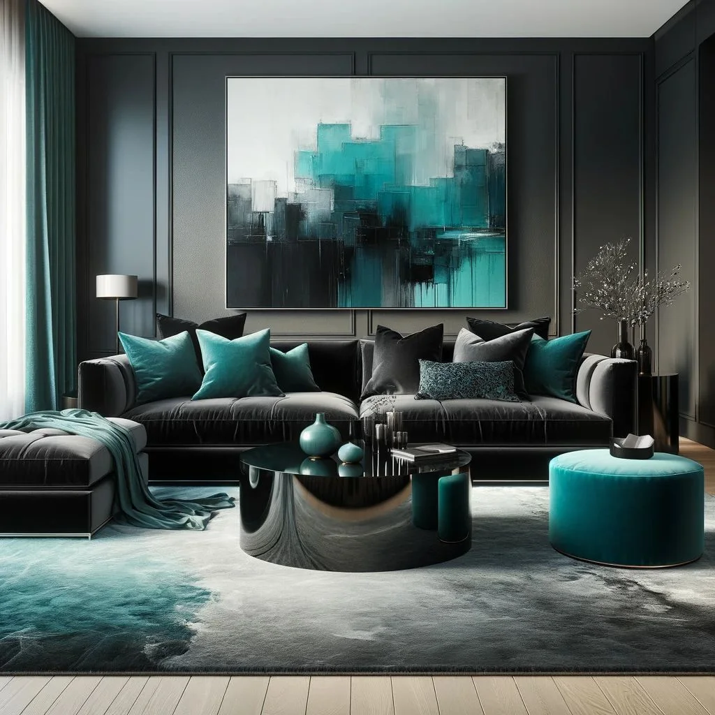 black and teal living room