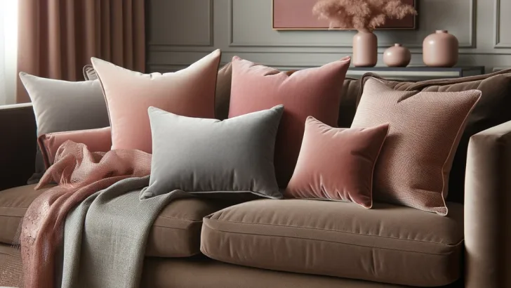 brown couch with dusty pink and gray throw pillows