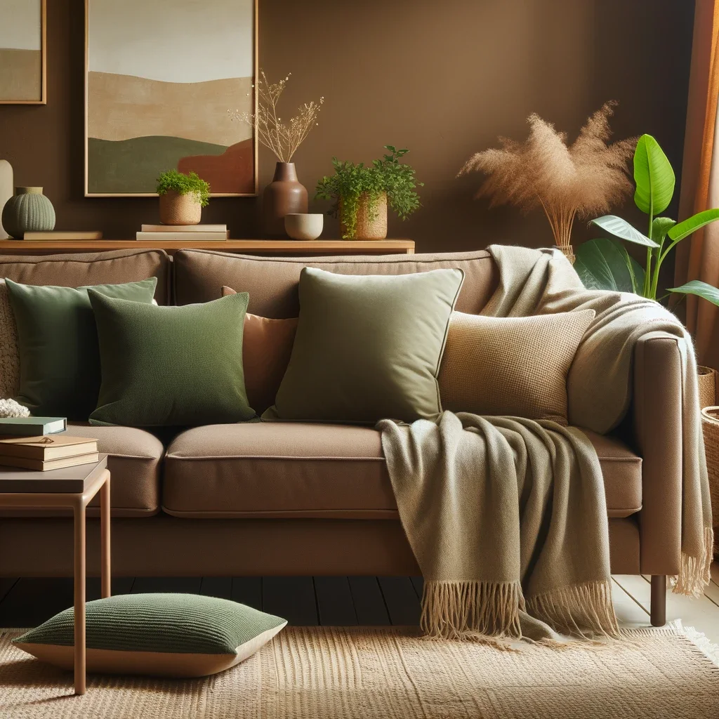 brown couch with sage green throw pillows