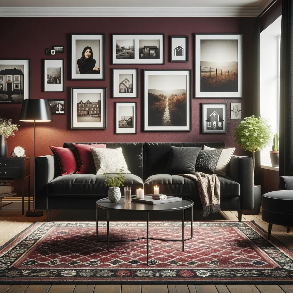 burgundy walls and black furniture