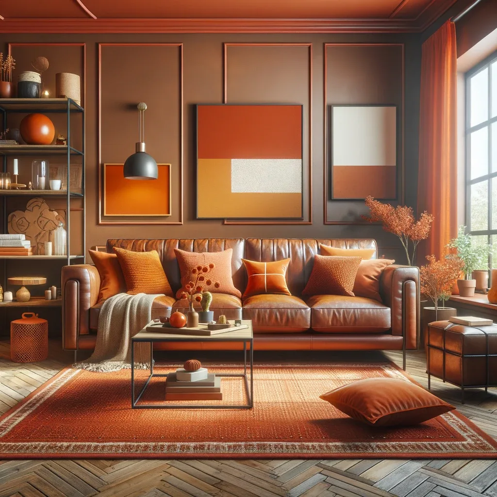 burnt orange with brown leather couch