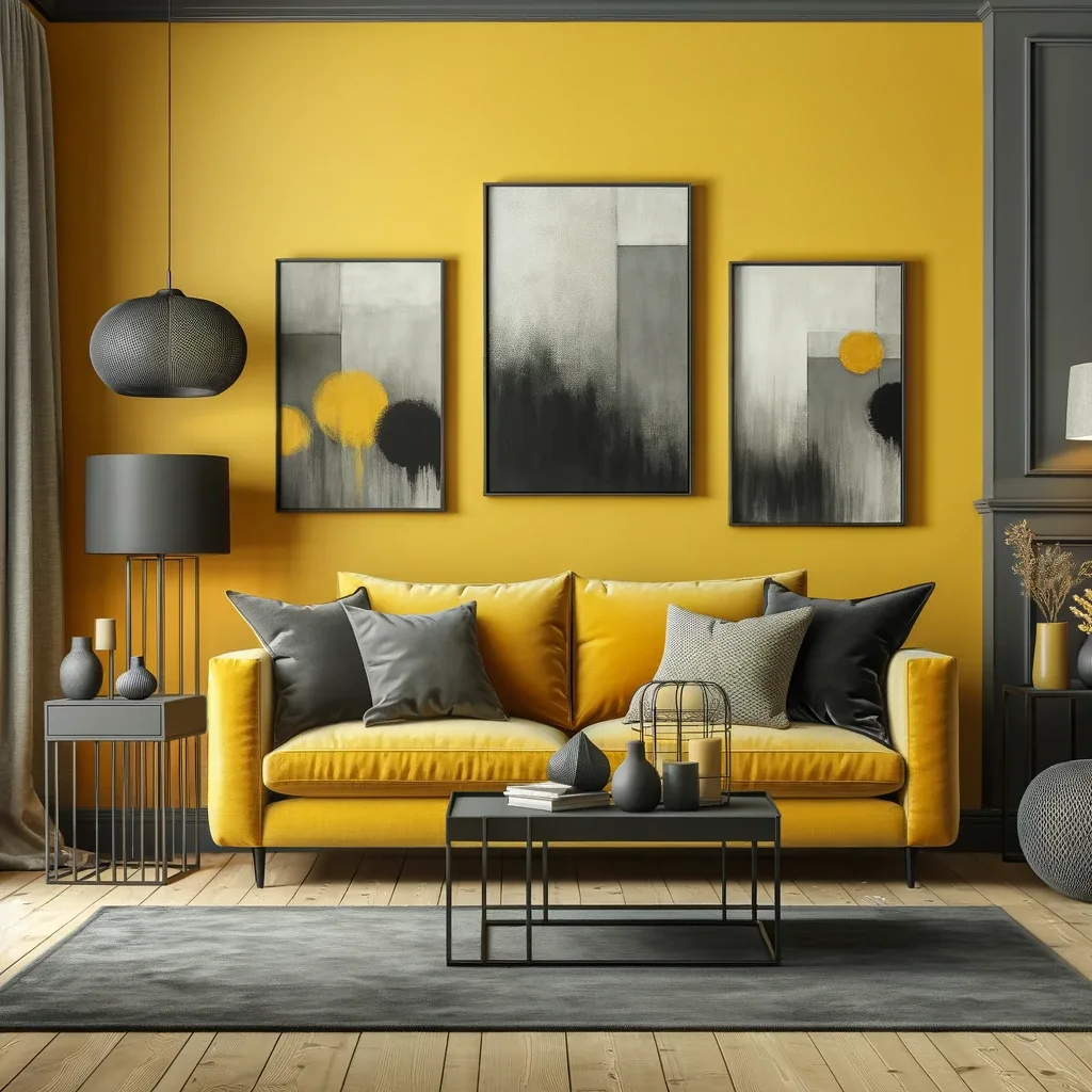 mustard yellow and charcoal gray living room