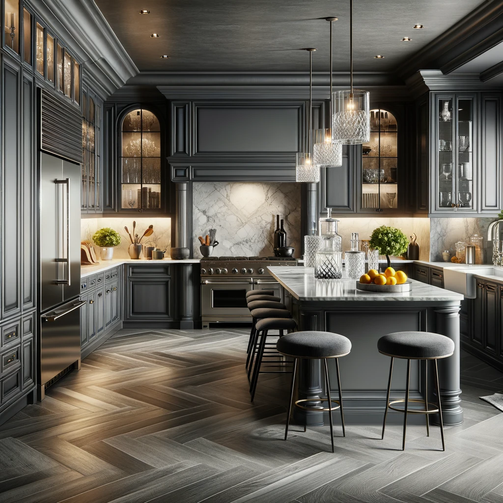 charcoal kitchen cabinets with gray floors
