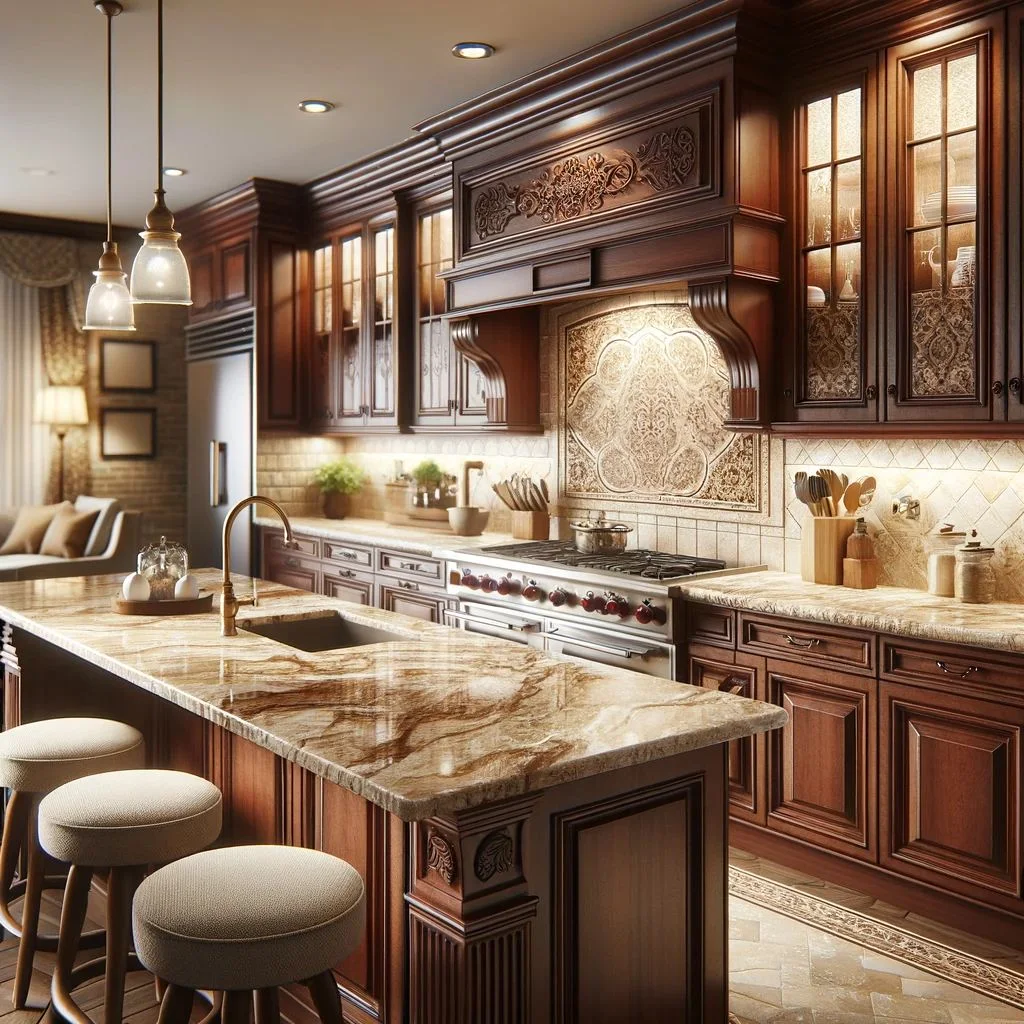 cherry kitchen cabinets with creamy beige granite countertops