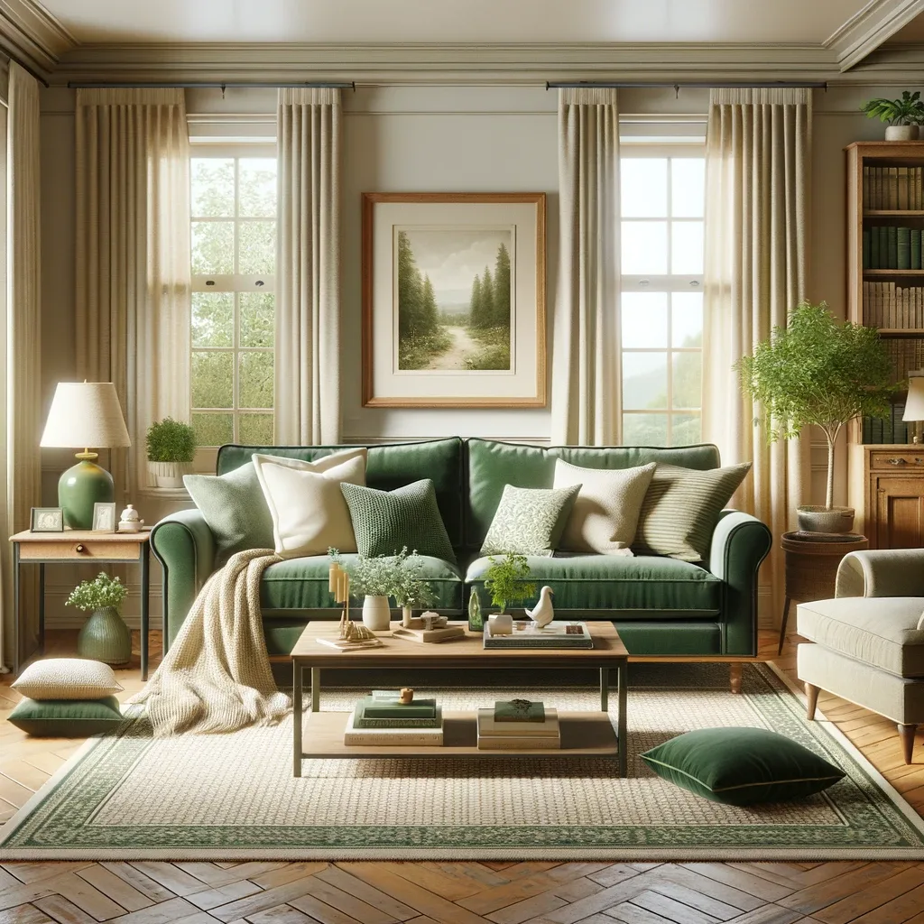 cream and forest green living room