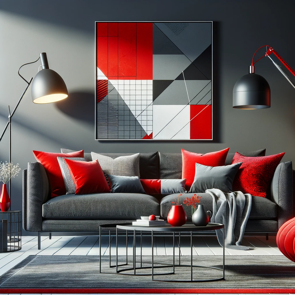 dark gray couch with red and gray throw pillows