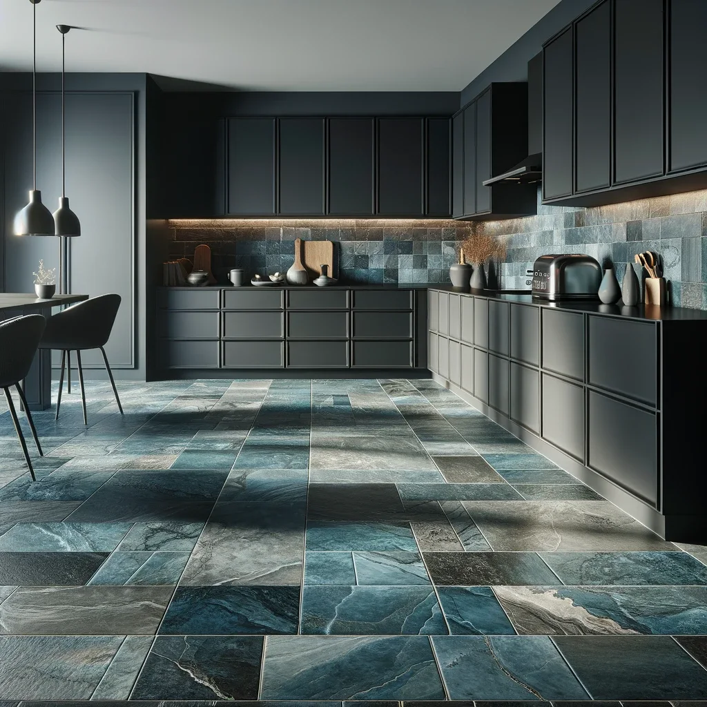 dark kitchen cabinets and smoky blue slate floors