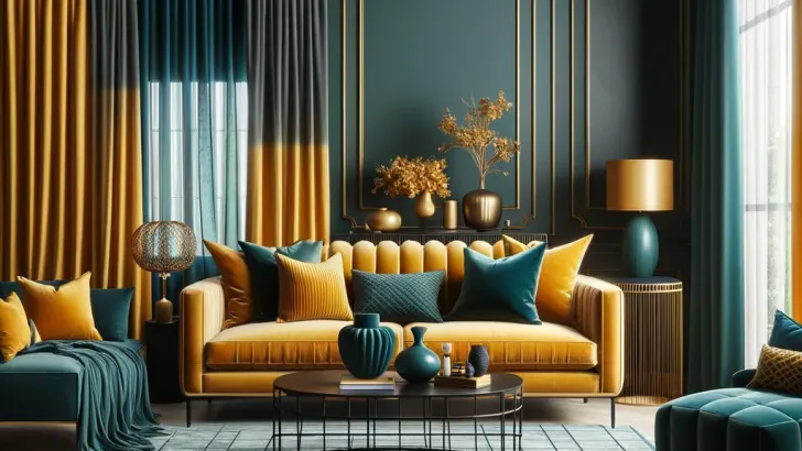 deep teal and mustard yellow living room