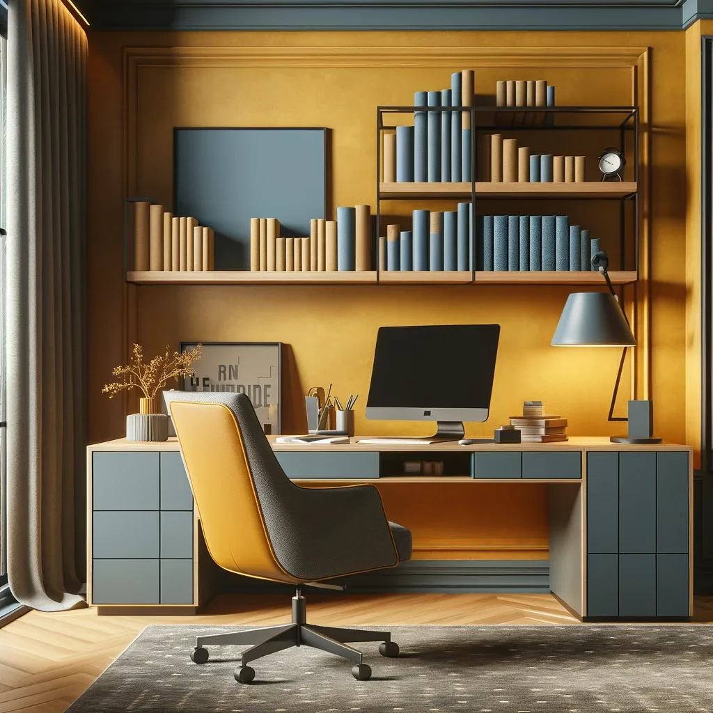 dusty blue and mustard yellow interior