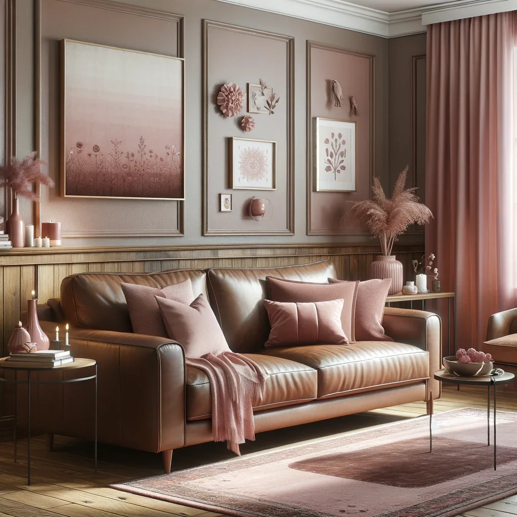 dusty rose with brown leather couch