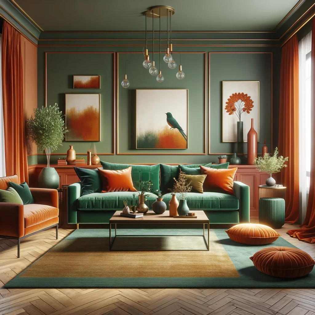 burnt orange and emerald green living room