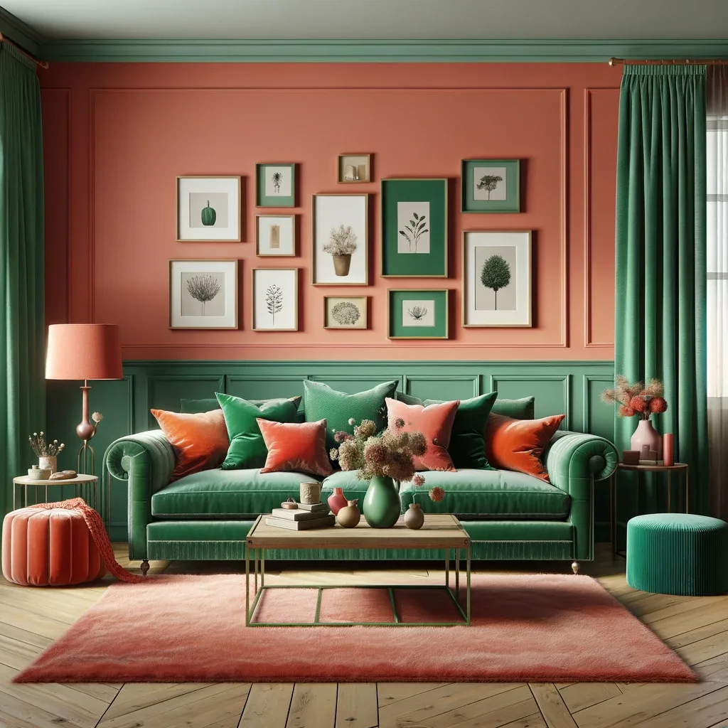 emerald green and coral living room