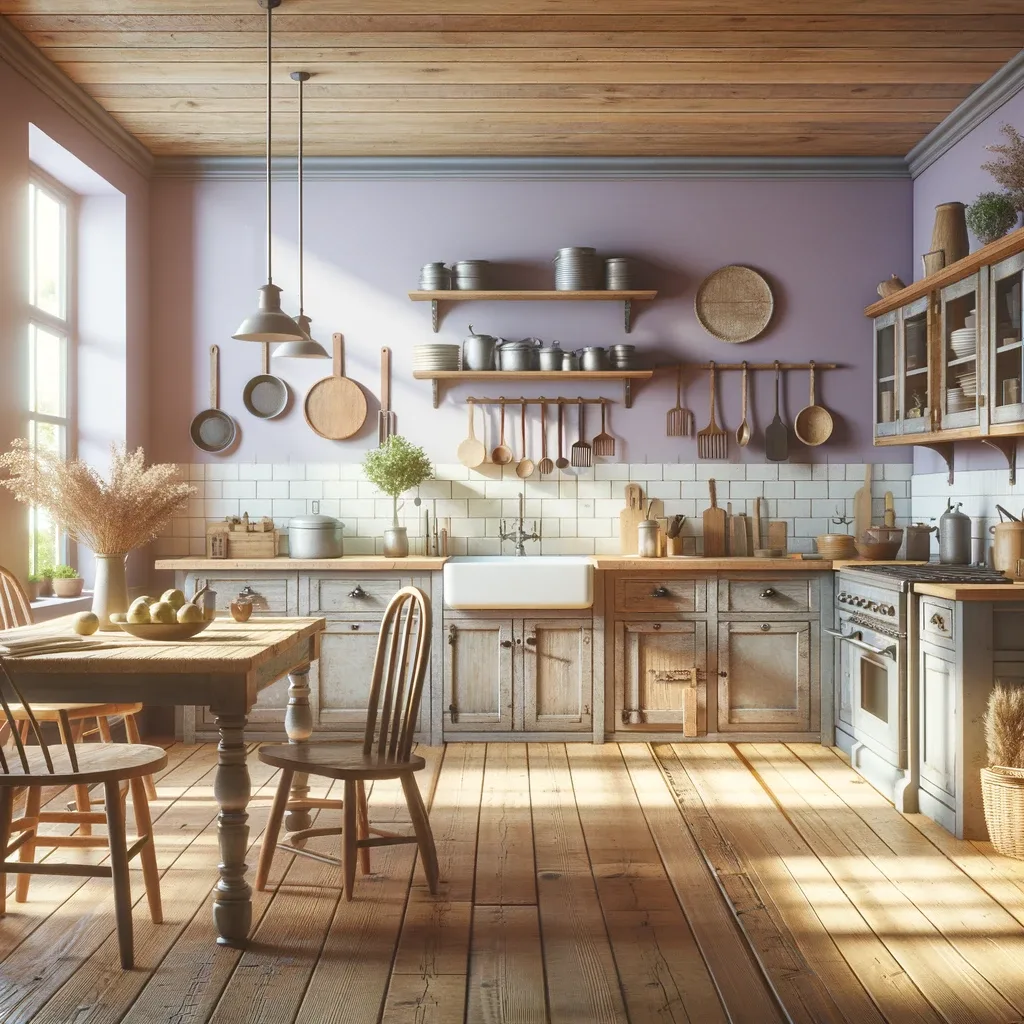 farmhouse kitchen with lavender walls
