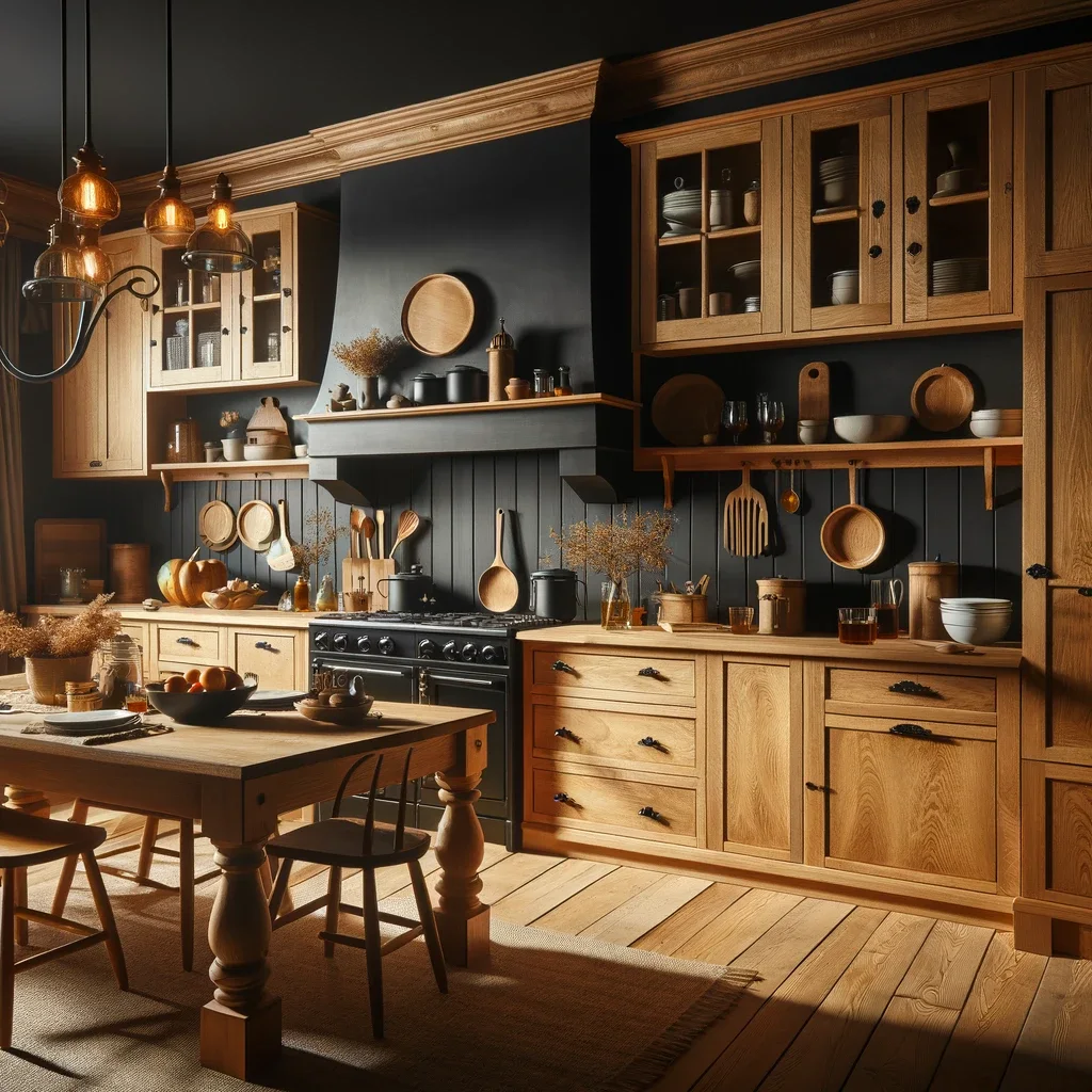 farmhouse kitchen with oak cabinets and black walls