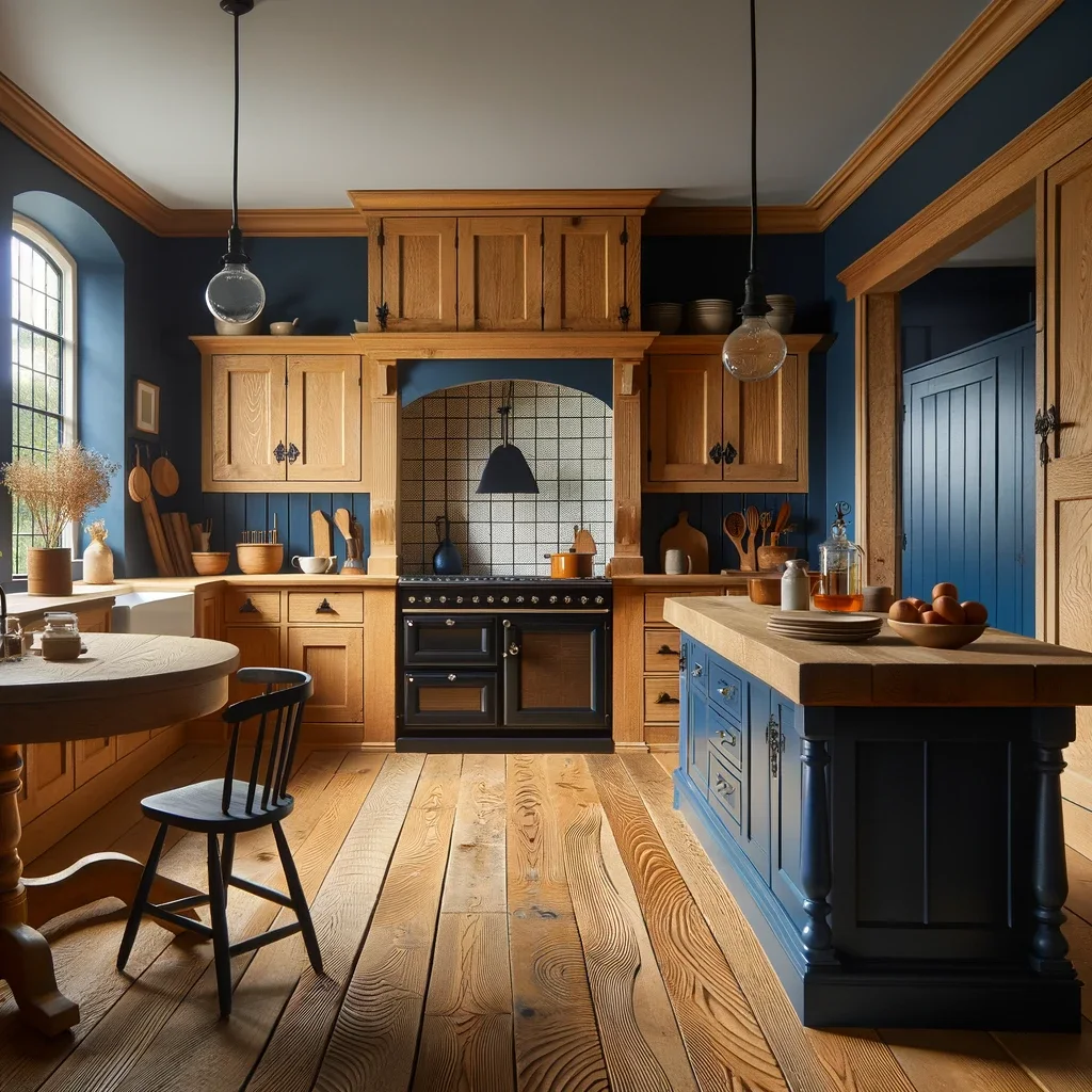 farmhouse kitchen with oak cabinets and navy blue walls