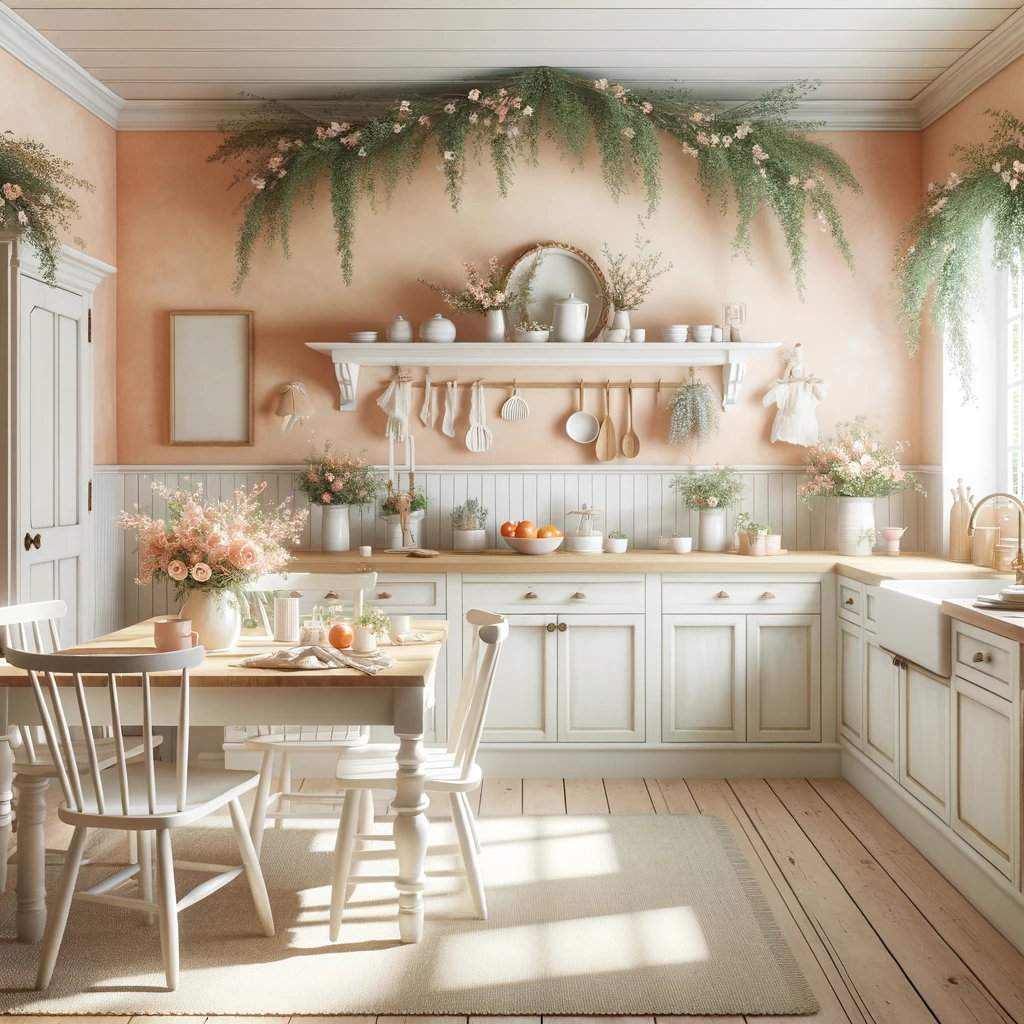 farmhouse kitchen with soft peach walls