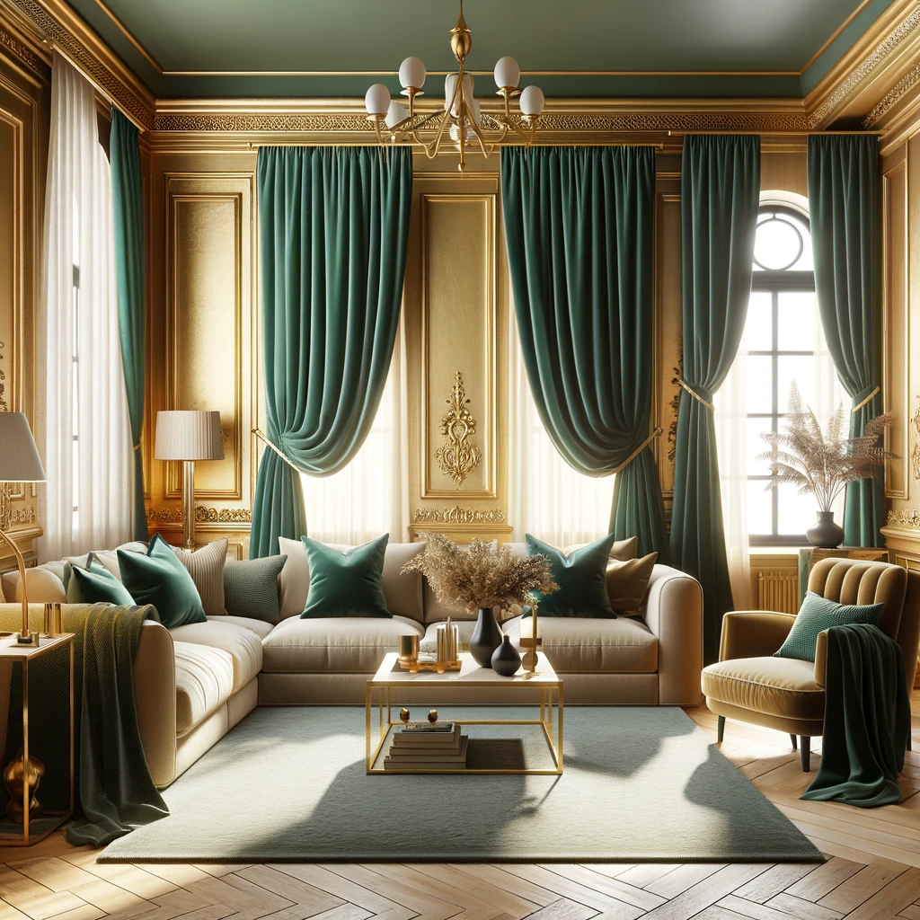 gold walls and emerald green curtains