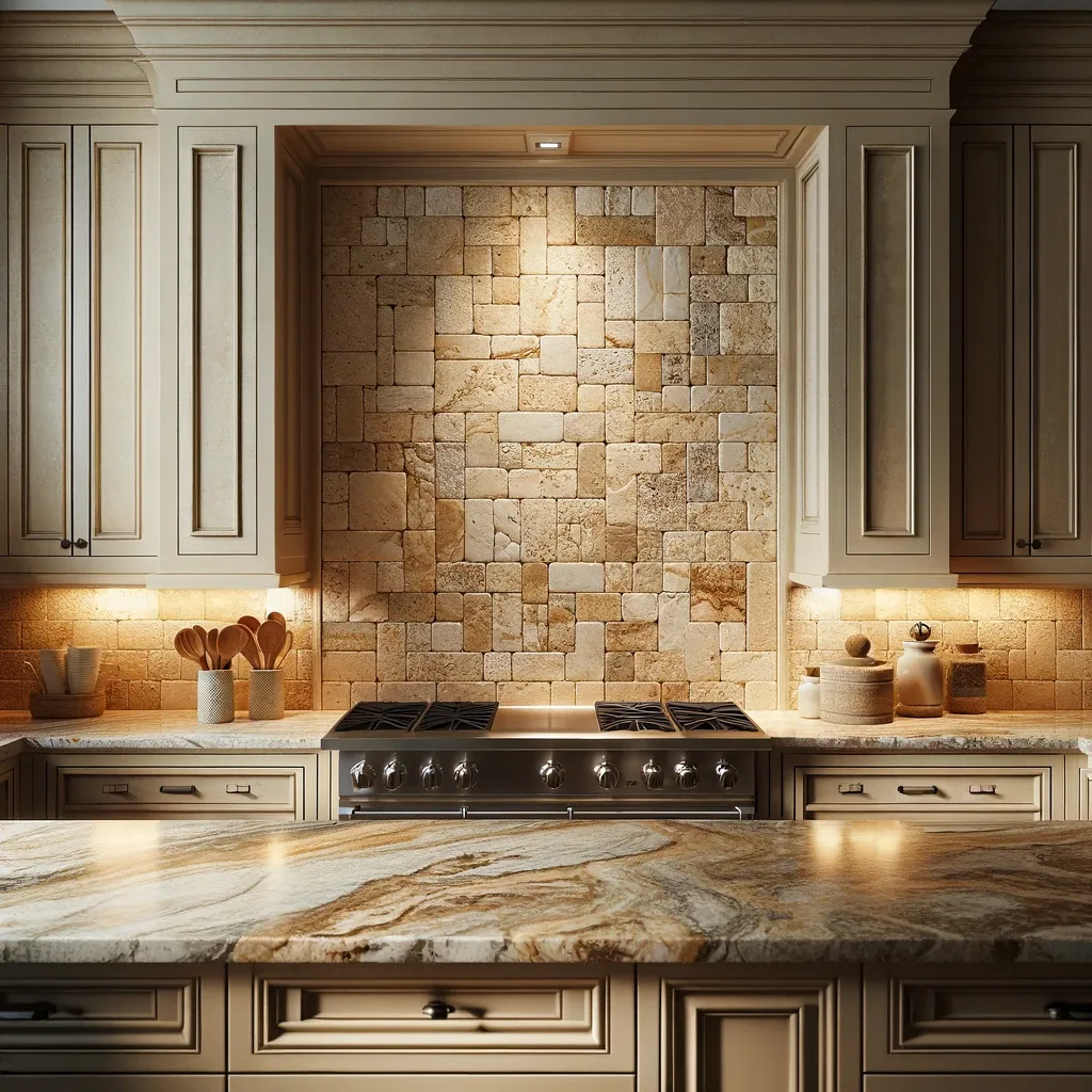 granite countertops with travertine tile backsplash