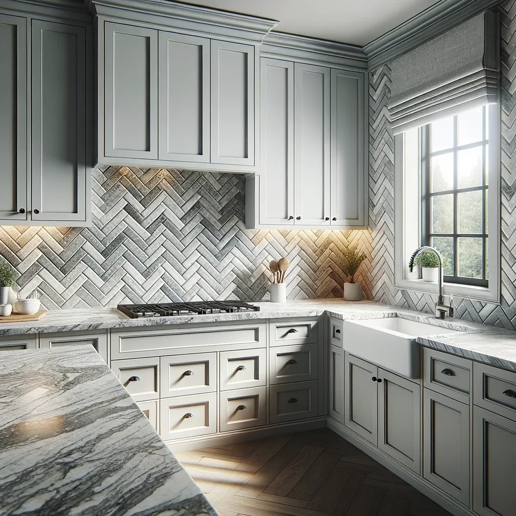 granite countertops with white and gray chevron ceramic tile backsplash