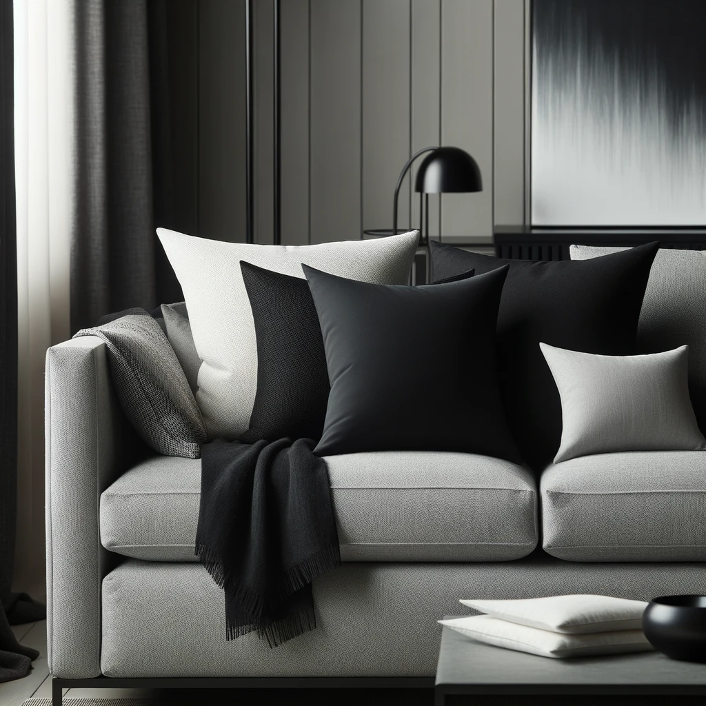 gray couch with black and white throw pillows