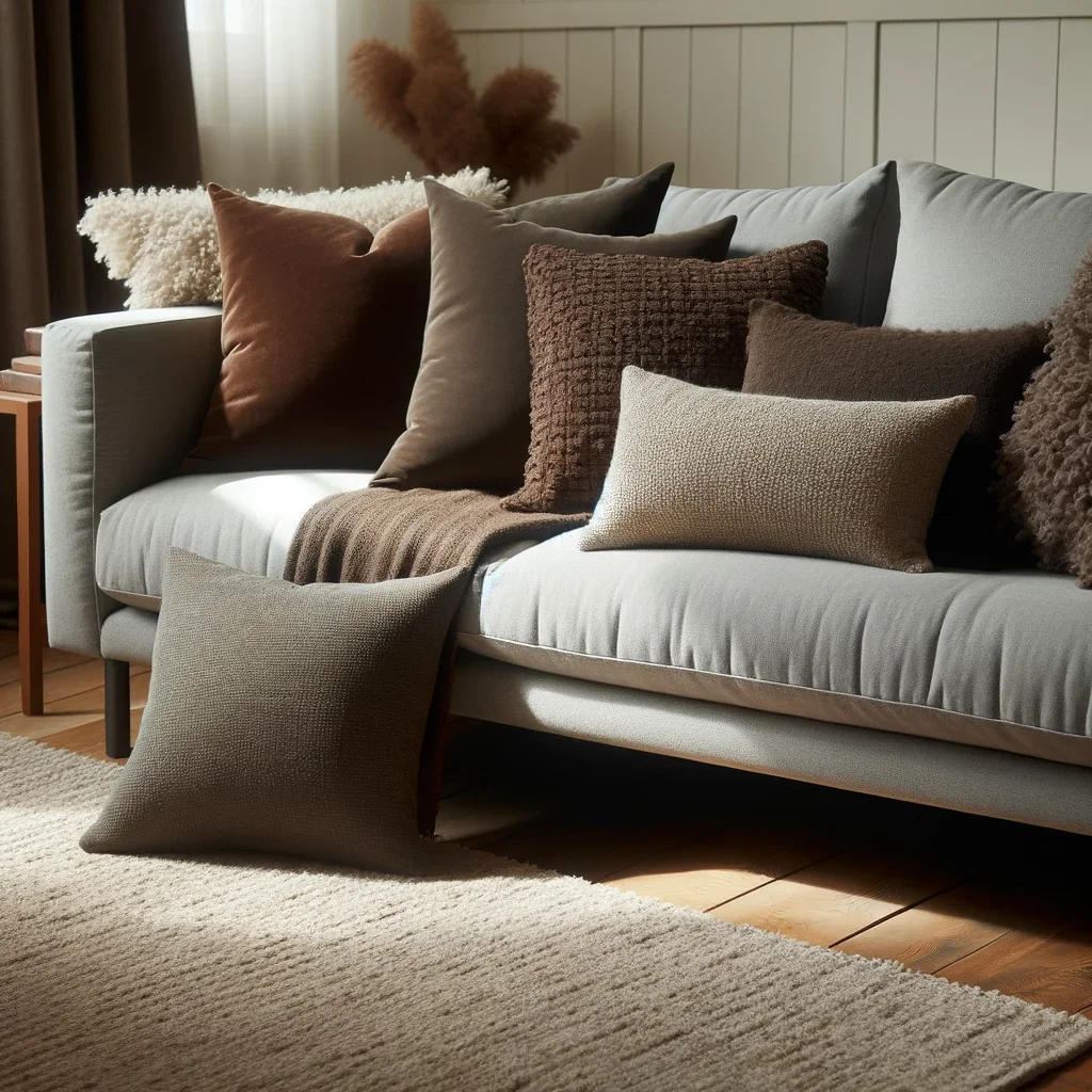 gray couch with chocolate brown throw pillows
