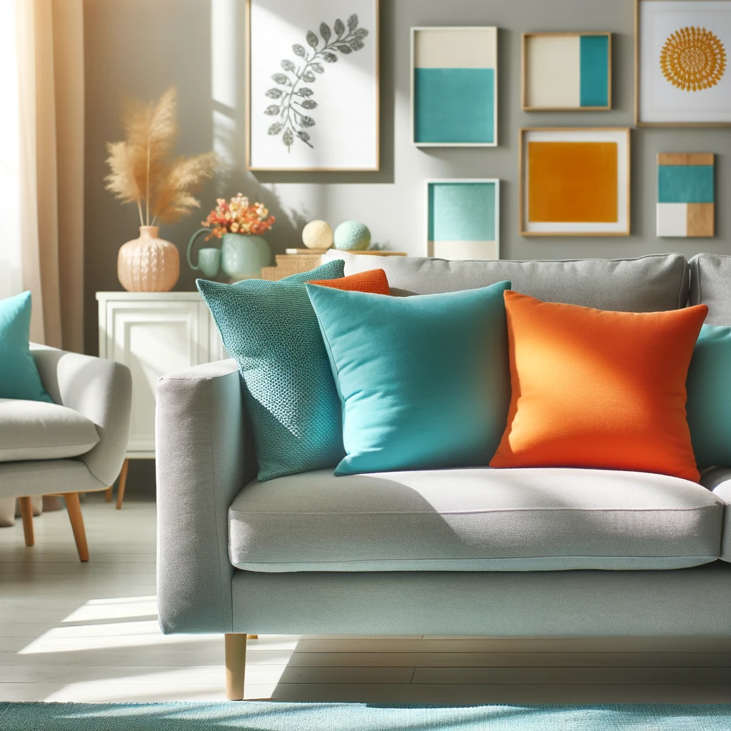 gray couch with orange and turquoise throw pillows