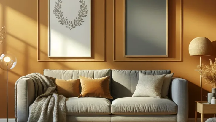 gray couch with warm caramel walls