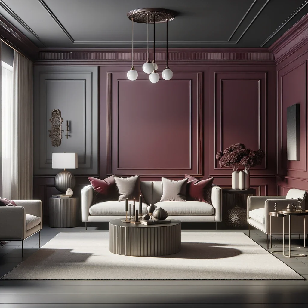 gray floors and burgundy walls
