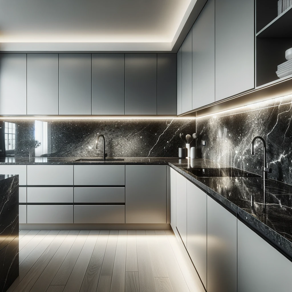 gray kitchen cabinets with black granite backsplash