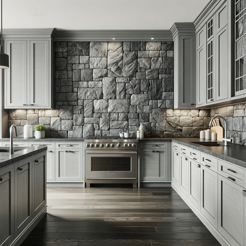gray kitchen cabinets with charcoal gray stone backsplash