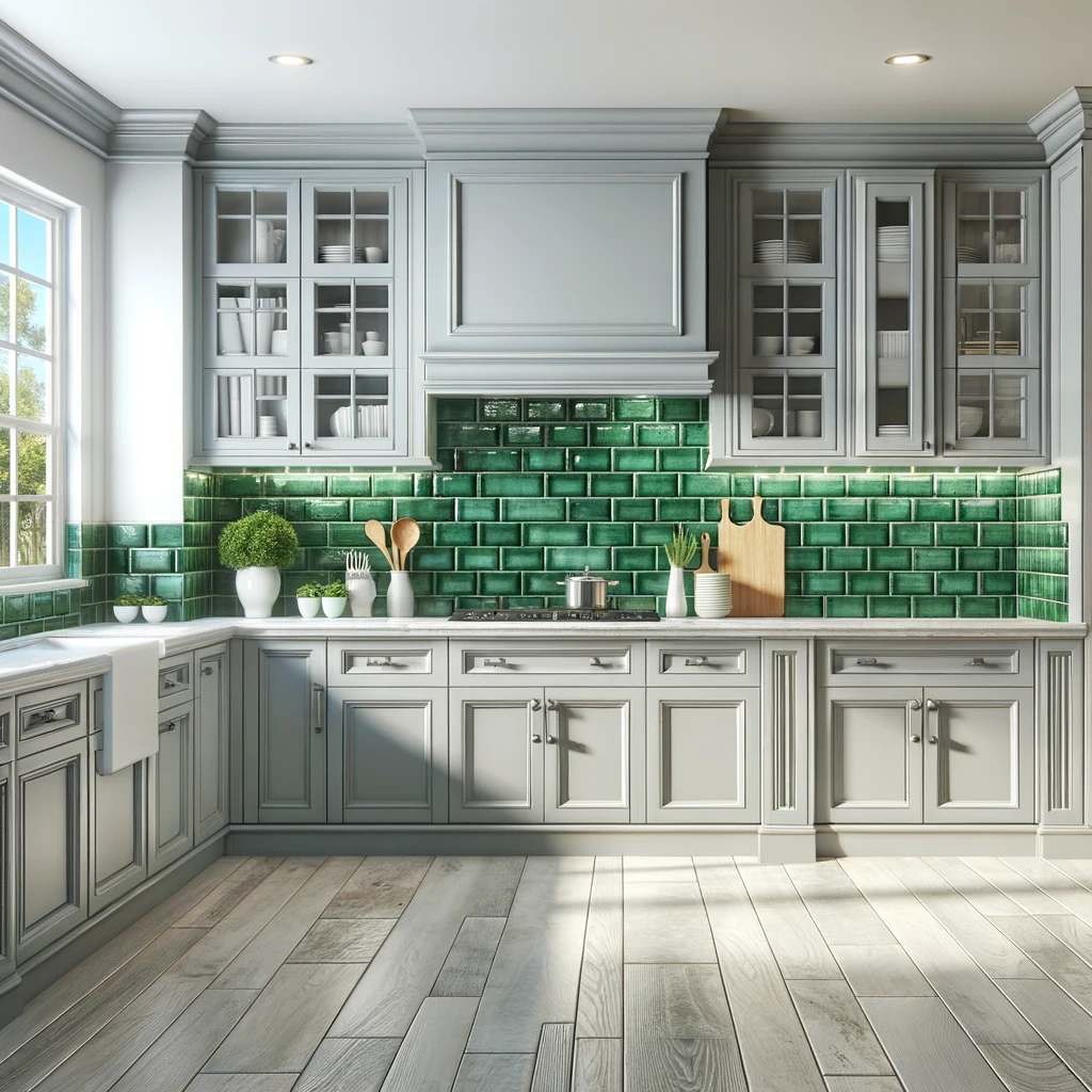 gray kitchen cabinets with emerald green ceramic tile backsplash
