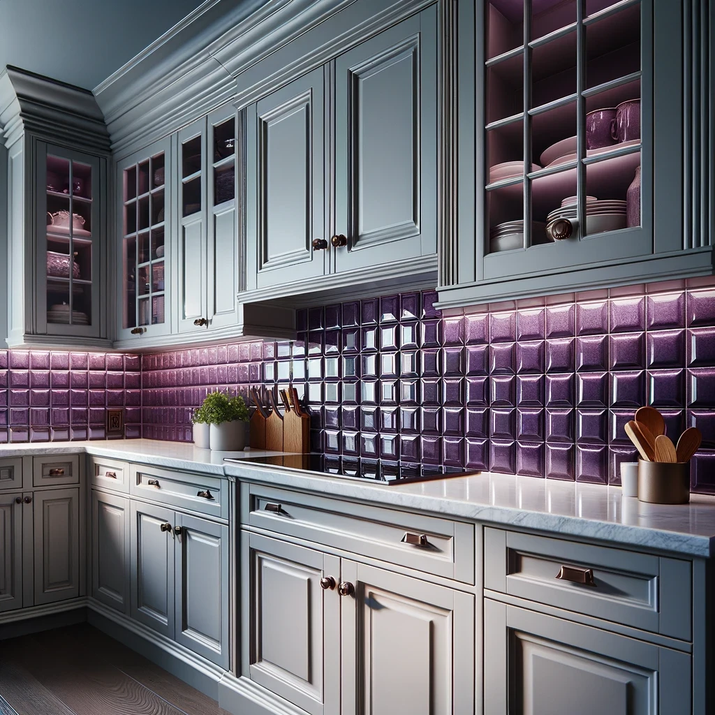 luxurious and glamourous kitchen idea with shiny purple ambiance glowing  silver toned backsplash black painted…