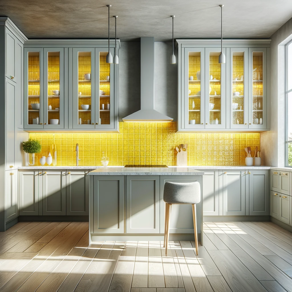 gray kitchen cabinets with yellow glass tile backsplash