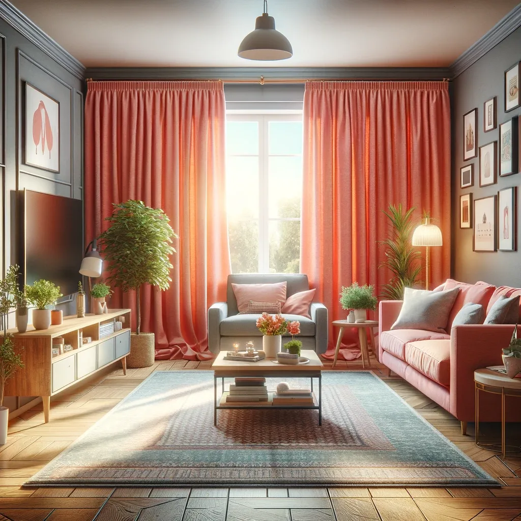 gray walls with coral curtains