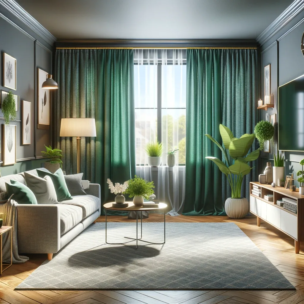 gray walls with emerald green curtains