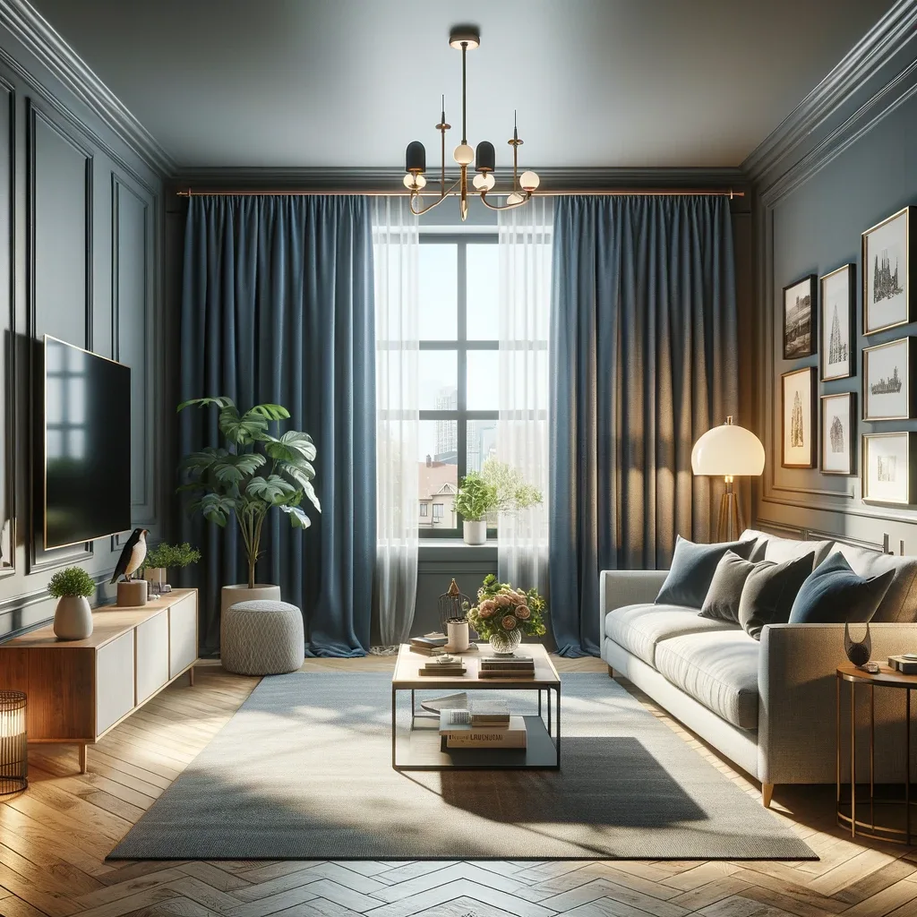 gray walls with navy blue curtains