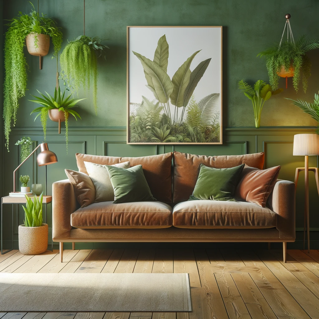 green walls with rustic brown furniture