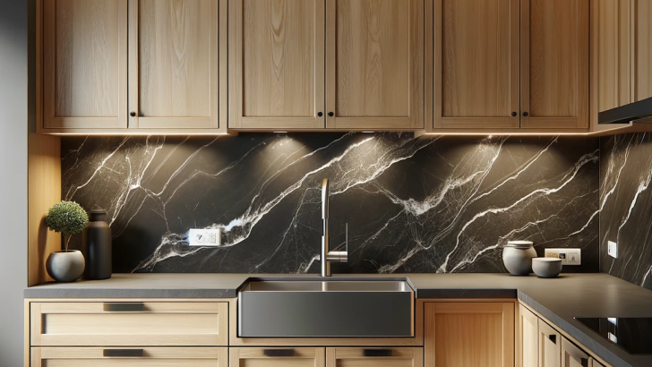 honey oak kitchen cabinets with black marble backsplash