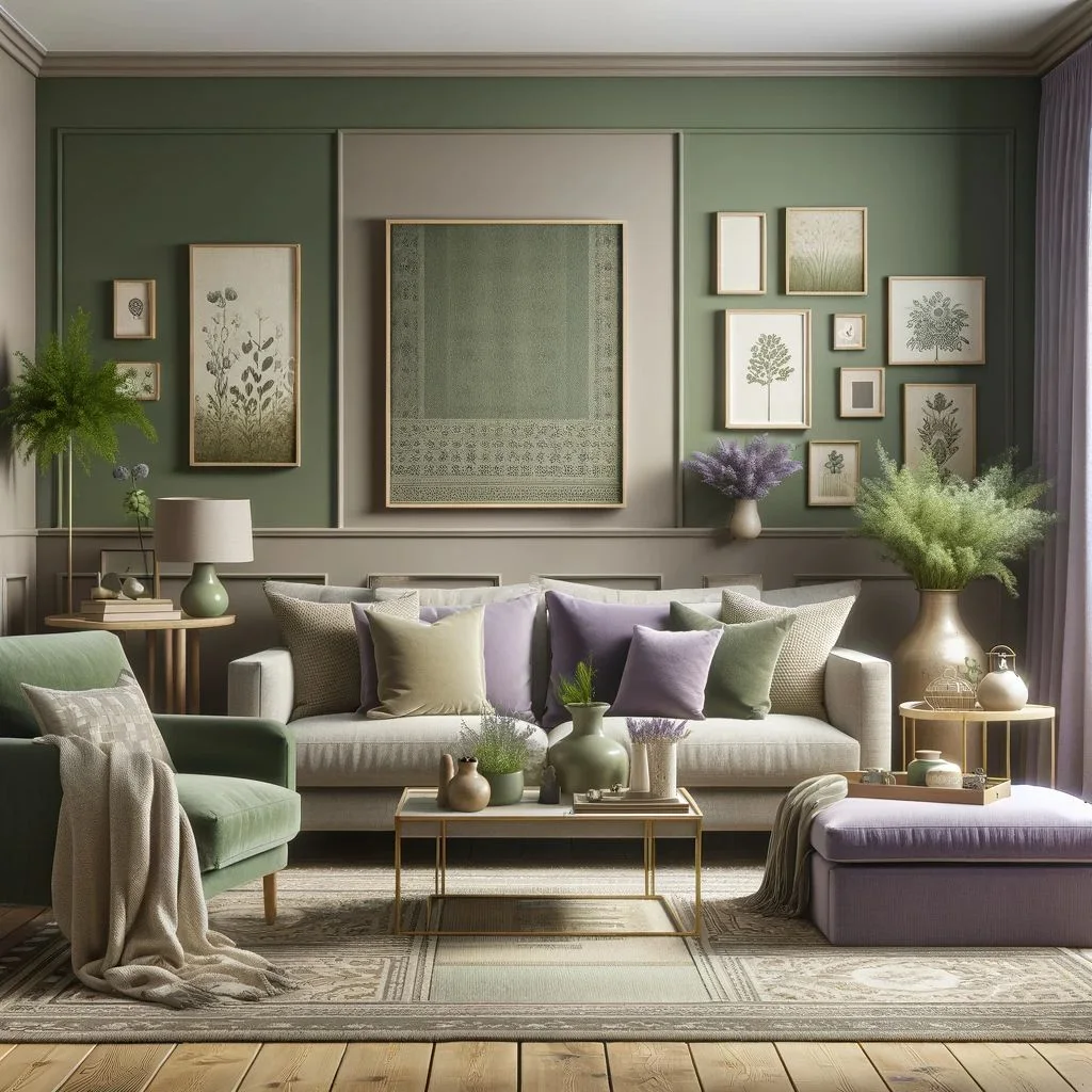 olive green and lavender living room