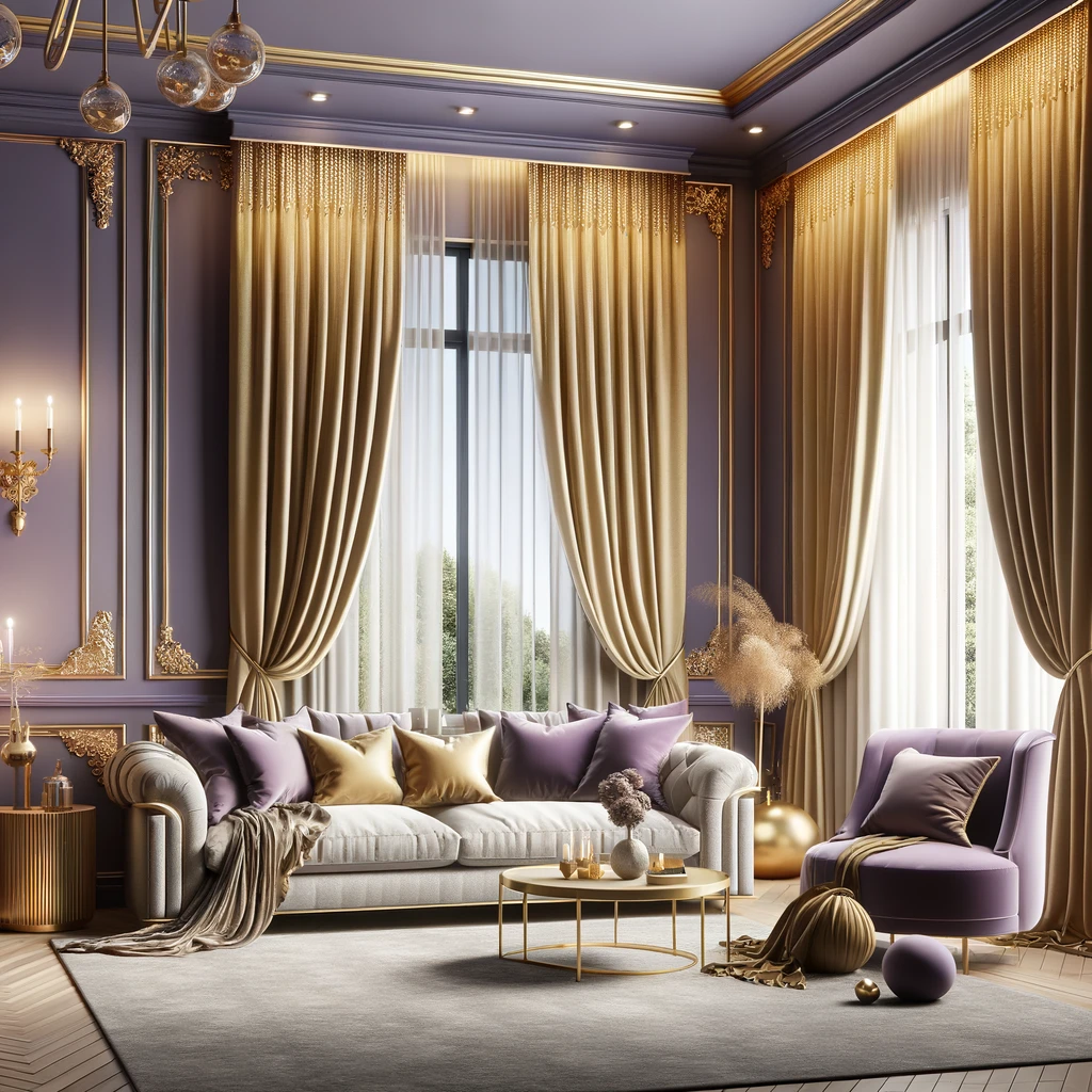 lavender walls with gold curtains