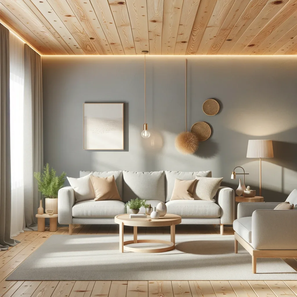 light gray walls with knotty pine ceiling