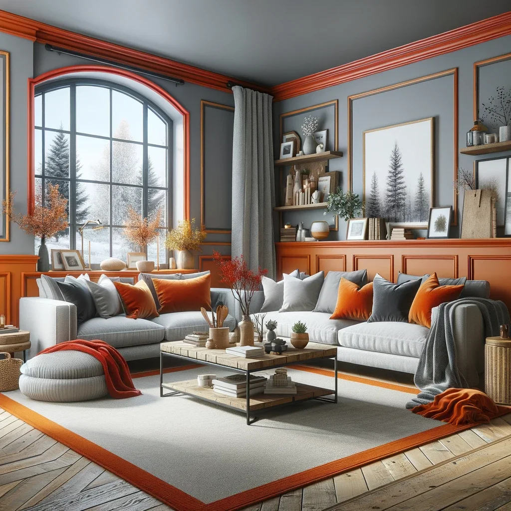 living room with gray walls and burnt orange trim